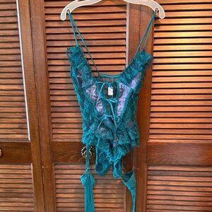 Frederick's of Hollywood Teal Lace Crotchless Bodysuit with split bra and nylons